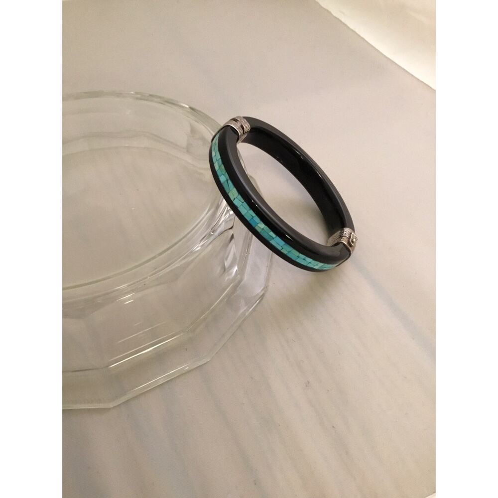 Jay King DTR Black Onyx/Sterling Hinged Bangle/Bracelet w/Turquoise Inlay